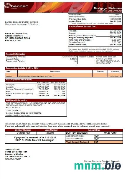 Kuba Bank BANDEC wyciąg z kredytu hipotecznego szablon Word i PDF